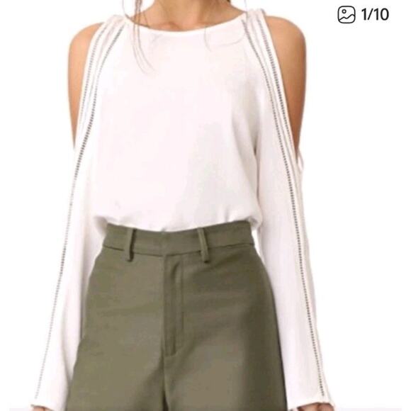 Ramy Brook Long Sleeve Top Cream Cold Shoulder Blouse Small Cut Out Crochet Silk - Picture 2 of 11